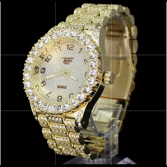 TECHNOPAVE Accessories Mens Gold Finished Iced Out Lab Diamond